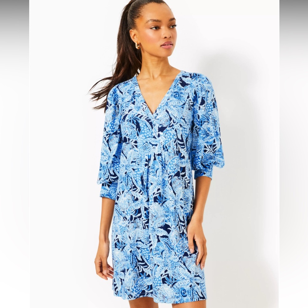 NWOT Lilly Pulitzer Cass Dress Bonaire Blue Coastal Constellation Large Cotton